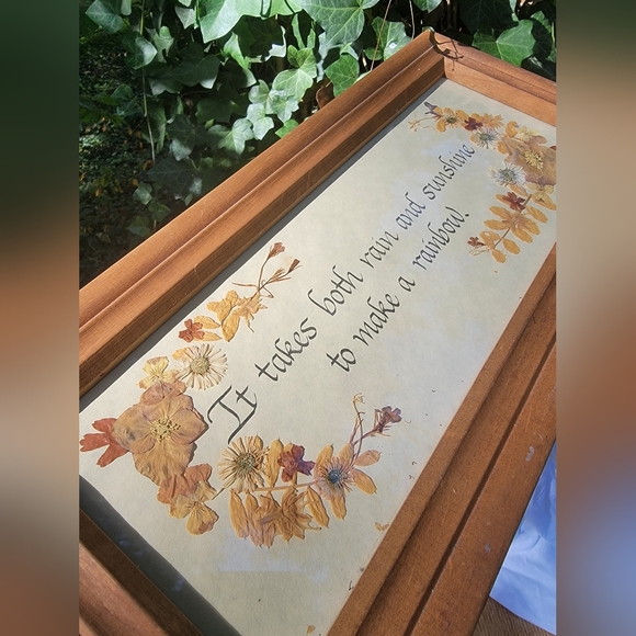 Vintage Handmade Calligraphy Framed Pressed Flowers Inspirational Wall Decor - Picture 2 of 5